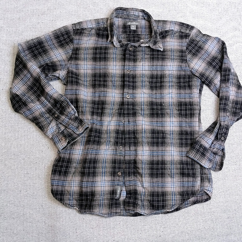 Eddie Bauer Flannel Shirt Mens S Grey Black Blue Good Relaxed Fit Plaid Cotton